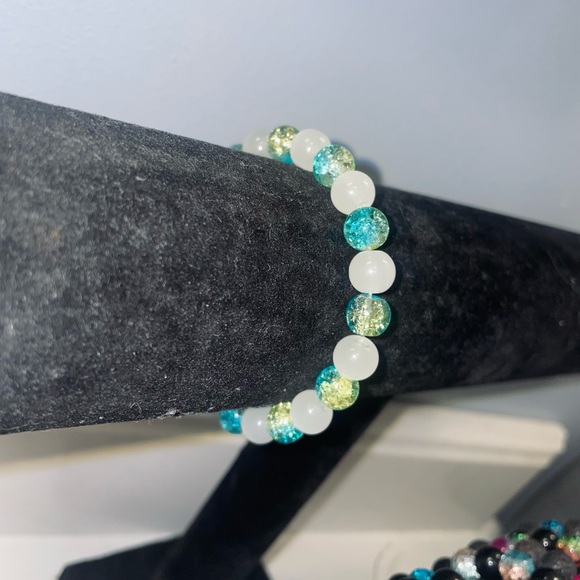 Handcrafted Bracelet – Blue Crackle with Green Hints and White Glass Accents - Picture 1 of 1